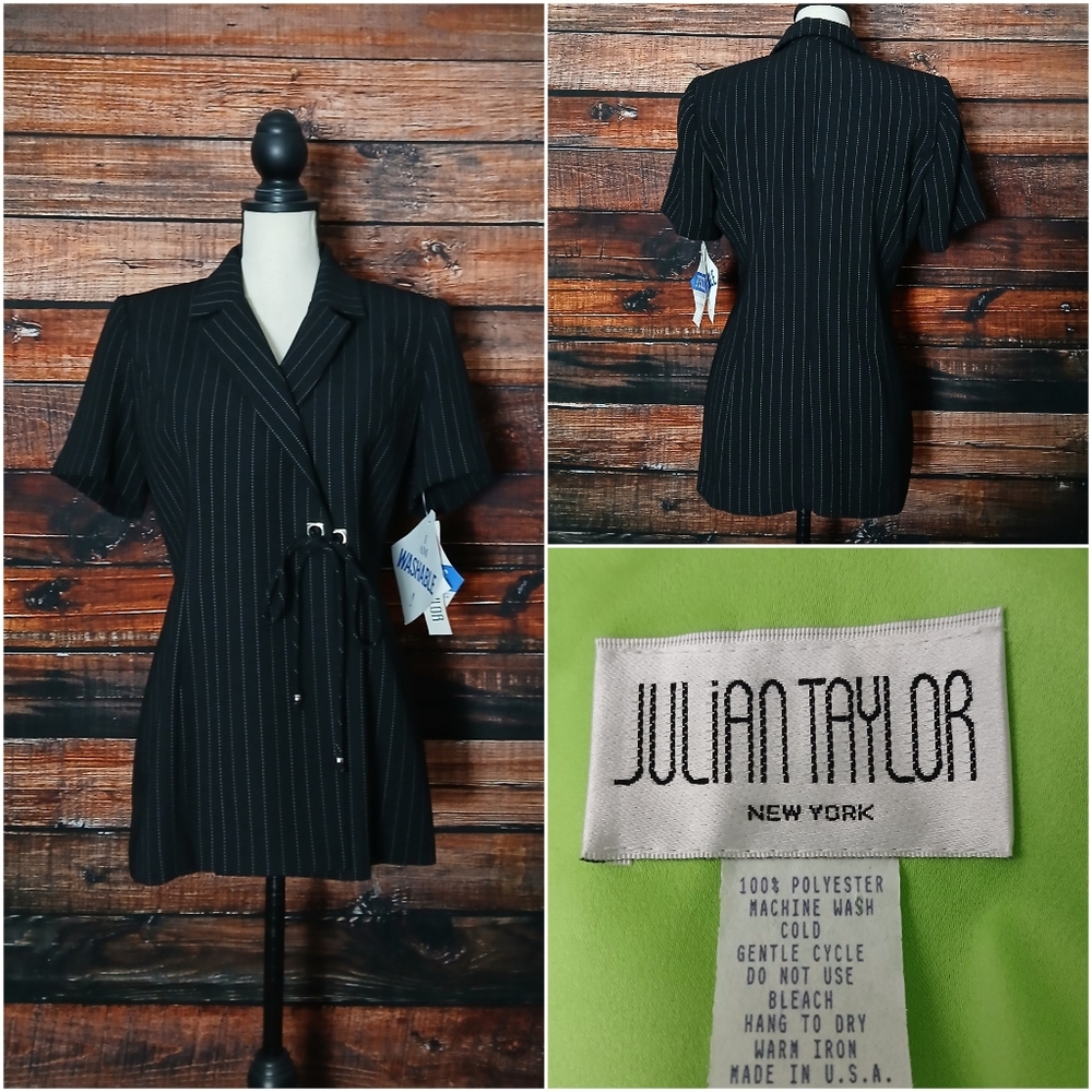 NWT Vintage Julian Taylor Blazer Jacket Short Sleeve Black Pinstripe Tie Front